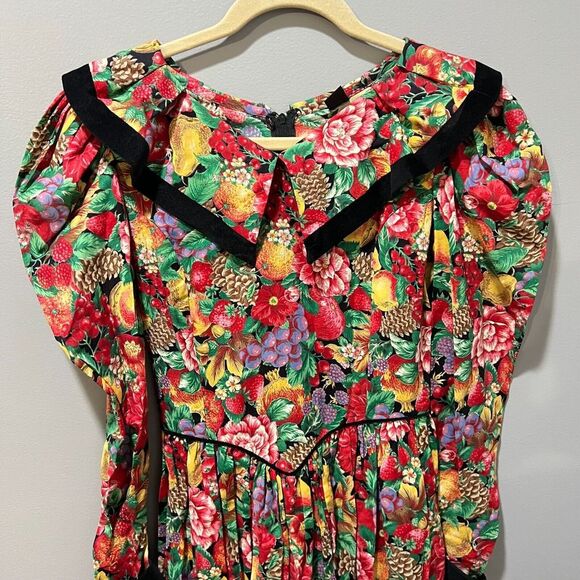 Vtg Picture Me Womens Multicolor Fruit Floral Lace Collar Dress M/L Long Sleeve - Picture 6 of 15